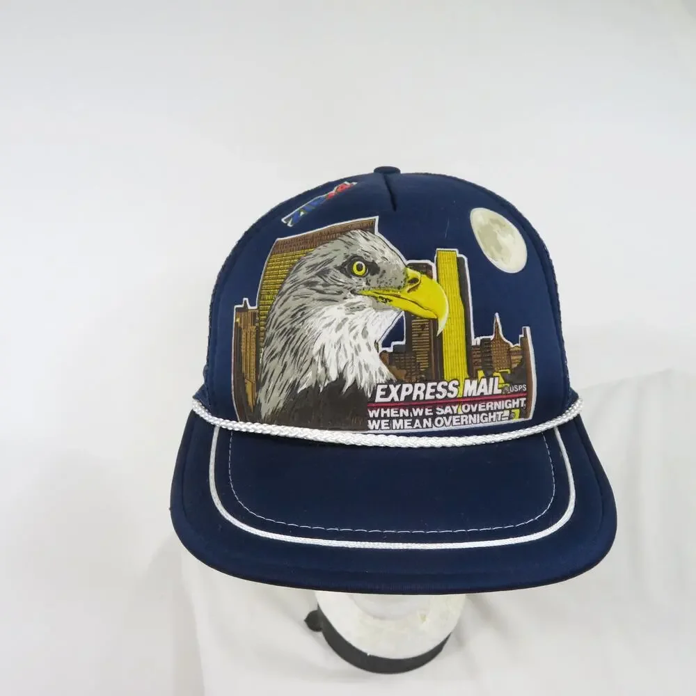 Express Mail Golf Rope Hat Eagle City Moon Graphic Cap Blue White Snapback 1990s